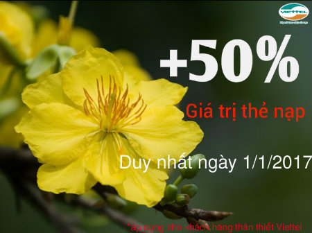 Viettel khuyến mãi 50% giá trị thẻ nạp ngày 30/12/2016