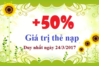 MobiFone khuyến mãi 50% giá trị thẻ nạp ngày 24/3/2017