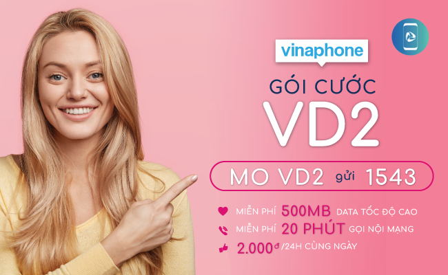 Đăng ký VD2 VinaPhone 2k/ ngày nhận 500MB + 20 phút gọi