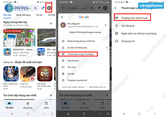 cach thanh toan google play sim vinaphone
