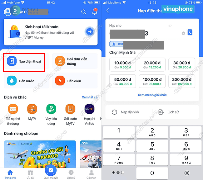 cach nap tien dien thoai tren vnpt money