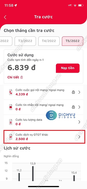 kiểm tra lịch sử trừ tiền đã ứng trên app My Viettel