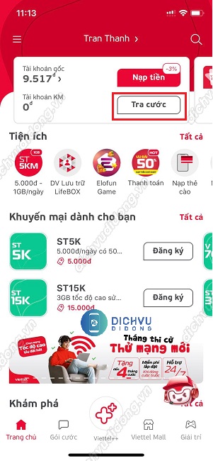 kiểm tra lịch sử trừ tiền đã ứng trên app My Viettel