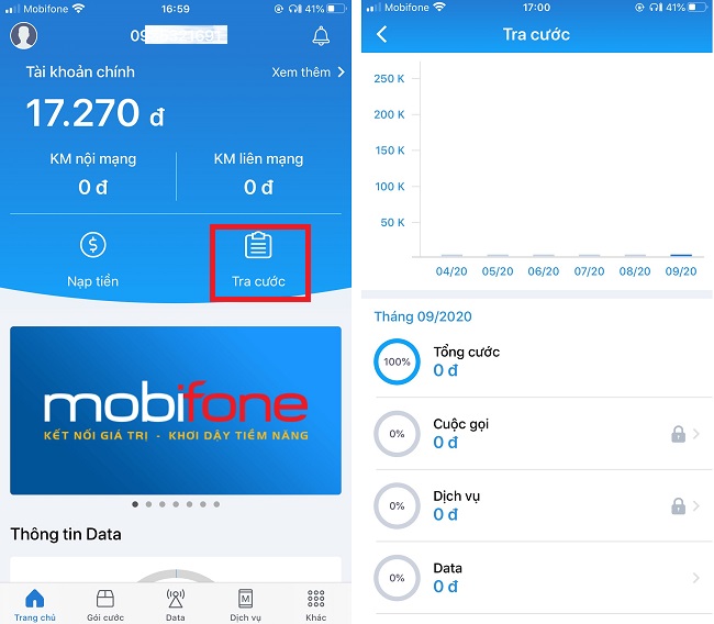 tra cứu lịch sử trừ tiên MobiFone