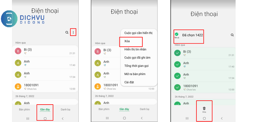 xoa lich su cuoc goi viettel tren Android