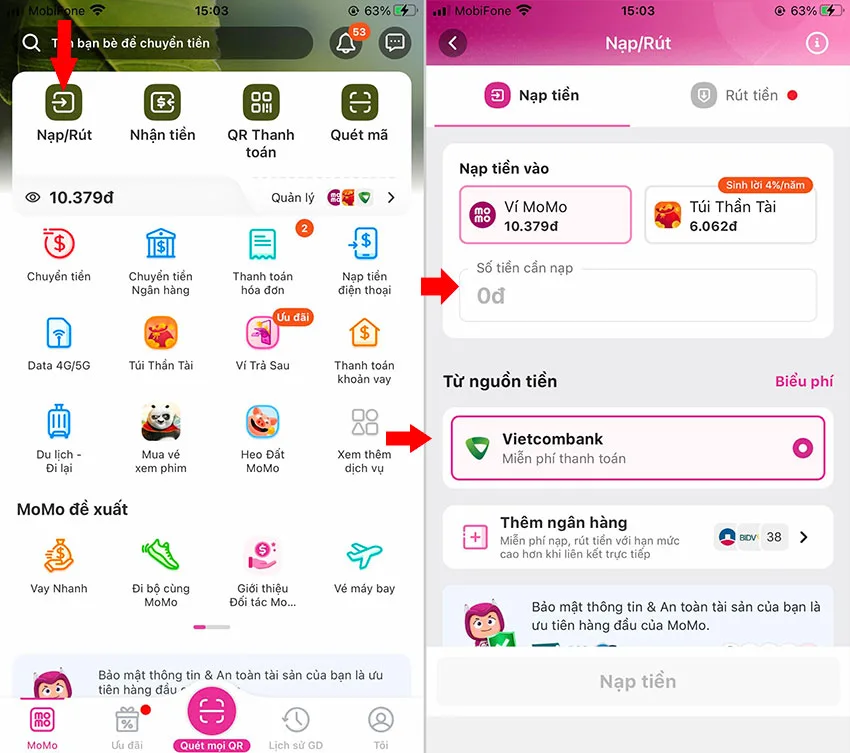 chuyen tien vietnamobile sang momo nhu the nao?