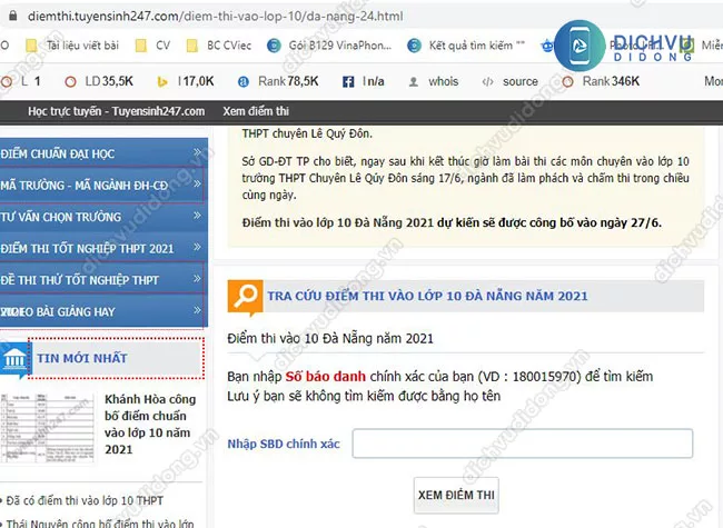 Cách xem điểm thi lớp 10 năm 2021 tại Đà Nẵng cach tra cuu diem thi vao lop 10 nam 2021 tai Da Nang