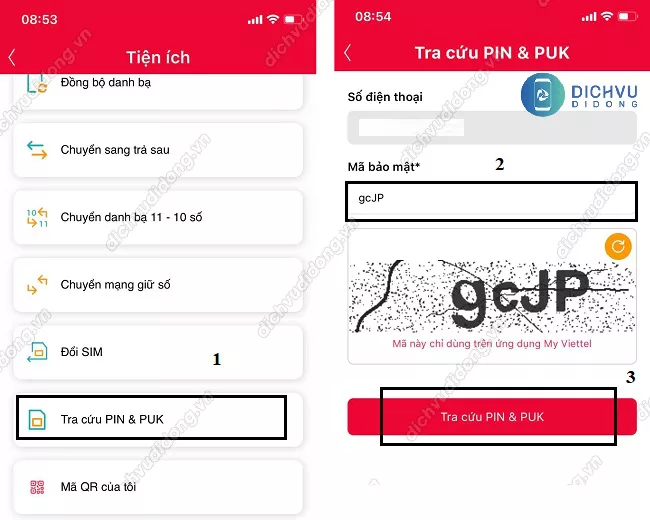  lấy mã PUK trên My Viettel
