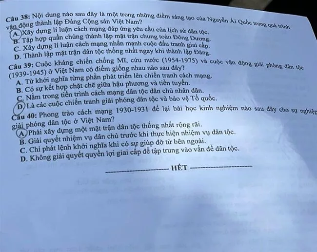 Đáp ãn môn sử THPT 2021 - mã đề 315
