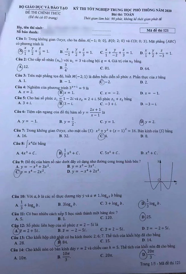 Đề thi môn Toán THPT 2020