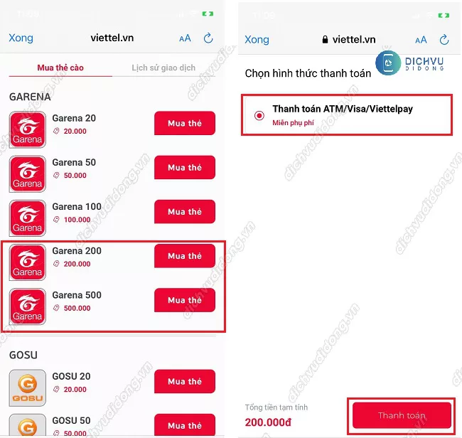 Khuyến mãi data khi mua thẻ game Garena trên My Viettel 