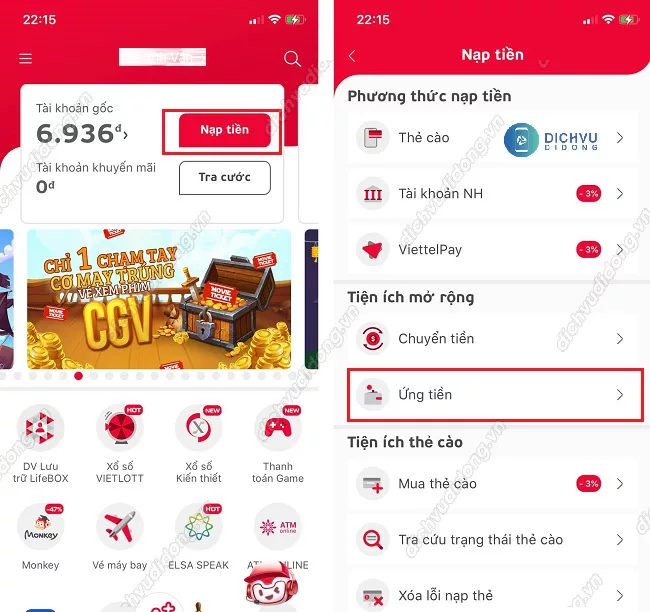 Cách ứng tiền trên My Viettel 