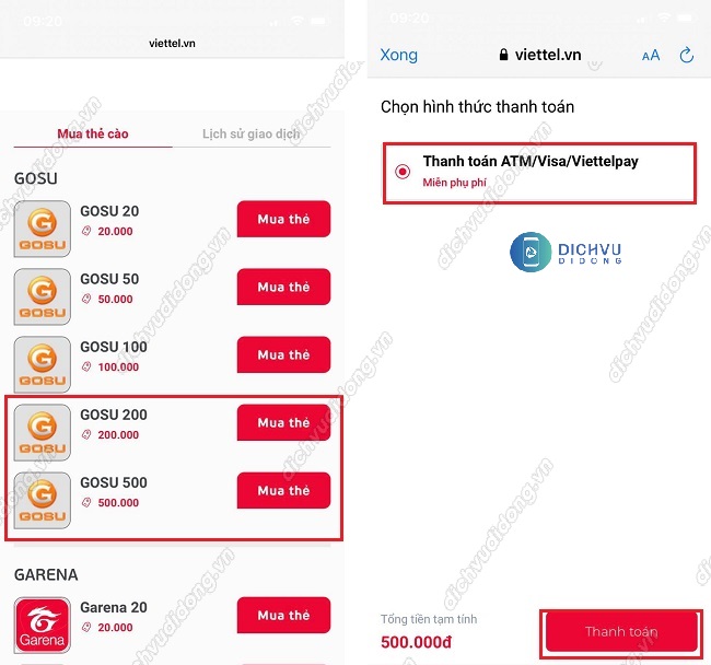 Cac buoc mua the game GOSU tren ung dung My Viettel khuyến mãi data khi mua thẻ game GOSU trên My Viettel
