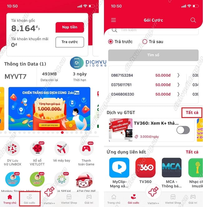 chuyển vùng quốc tế trên app My Viettel