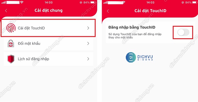 c&agrave;i đặt v&acirc;n tay tr&ecirc;n My Viettel