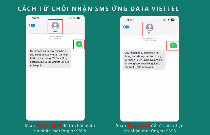 cach tu choi nhan tin nhan ung data viettel