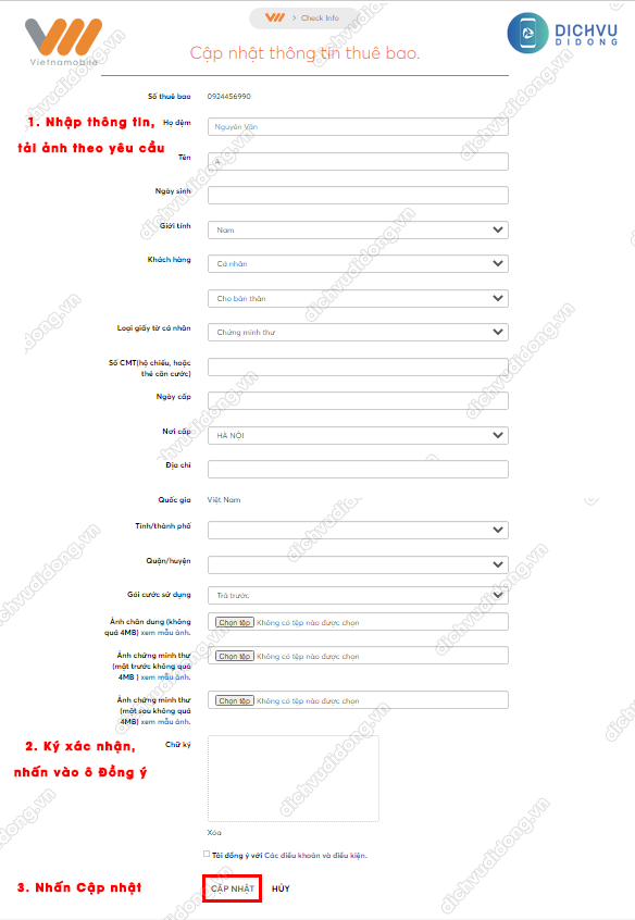 Hướng dẫn cập nhật thông tin thuê bao Vietnamobile qua mạng