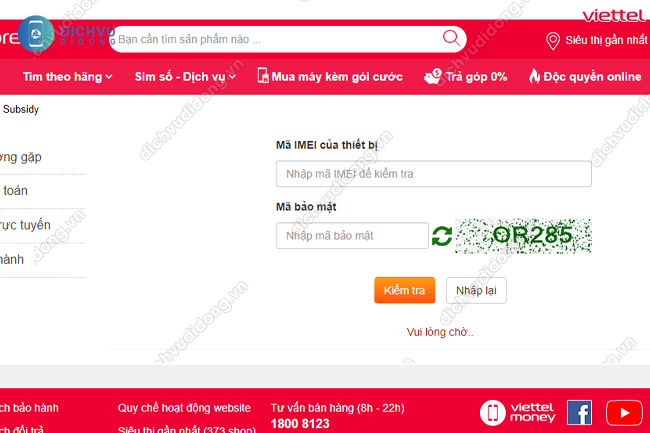check imei bao hanh dien thoai viettel store