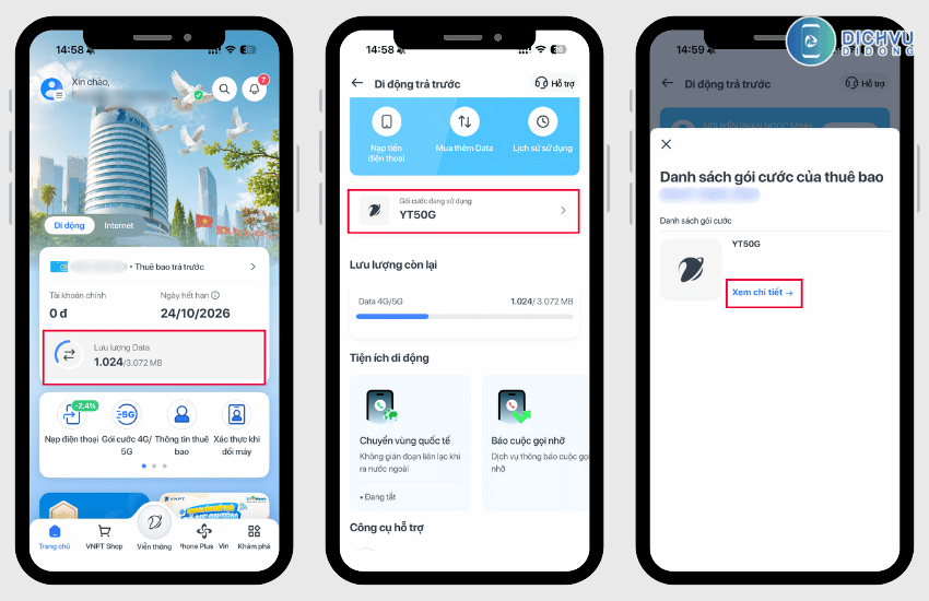 Kiểm tra gói cước 4G, gọi, sms VinaPhone đang sử dụng 2 kiem tra goi cuoc tren my vnpt