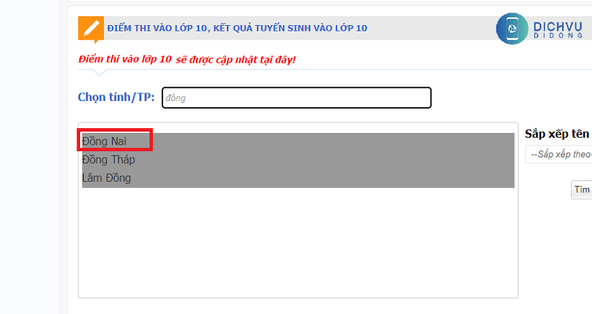 tra cuu diem thi lop 10 dong nai